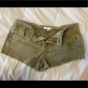 O’Neil distressed jean shorts. Khaki/green